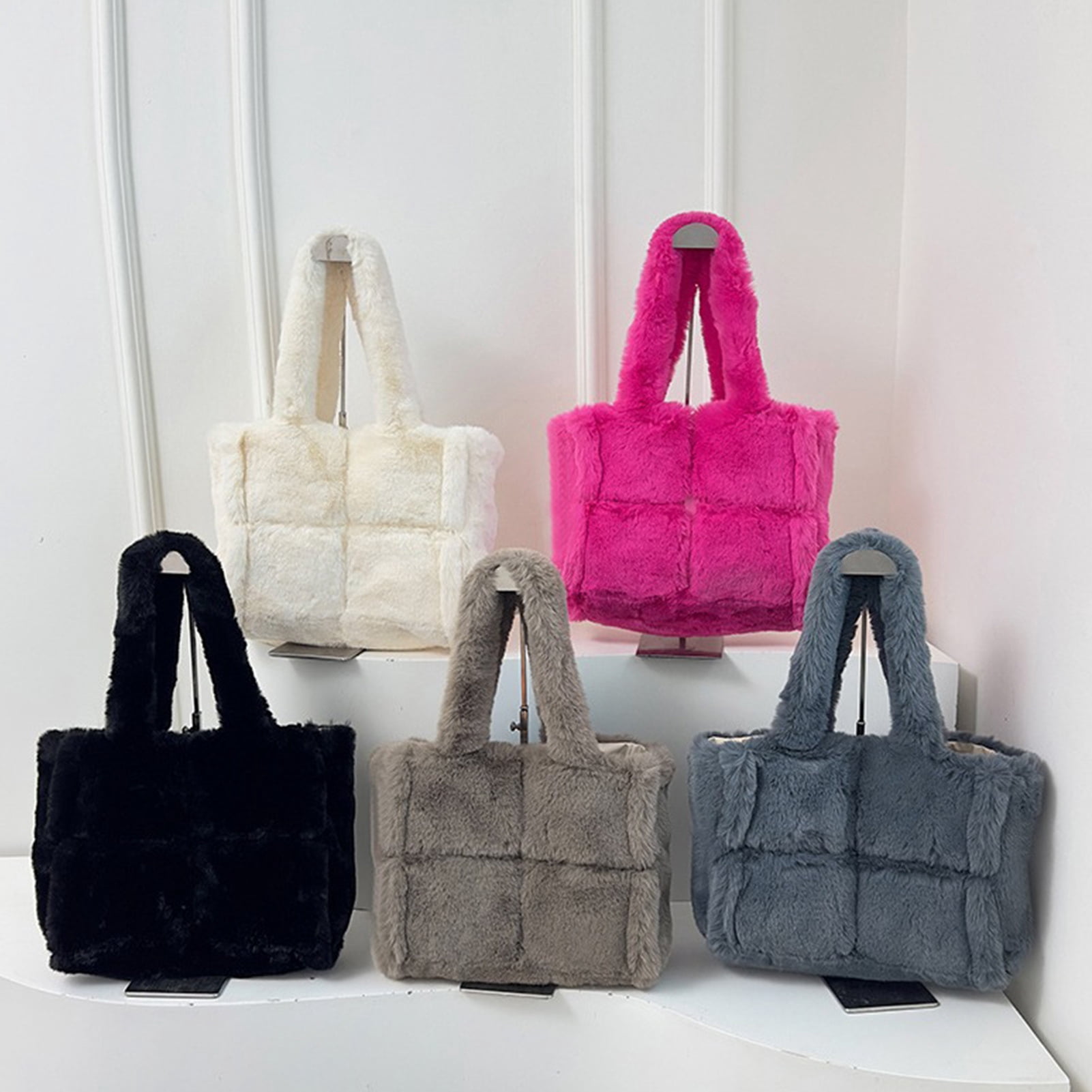 KGJQ Fluffy Tote Bag, Large Fur Purses for Women Winter Fuzzy Totes Plush Shoulder Handbag
