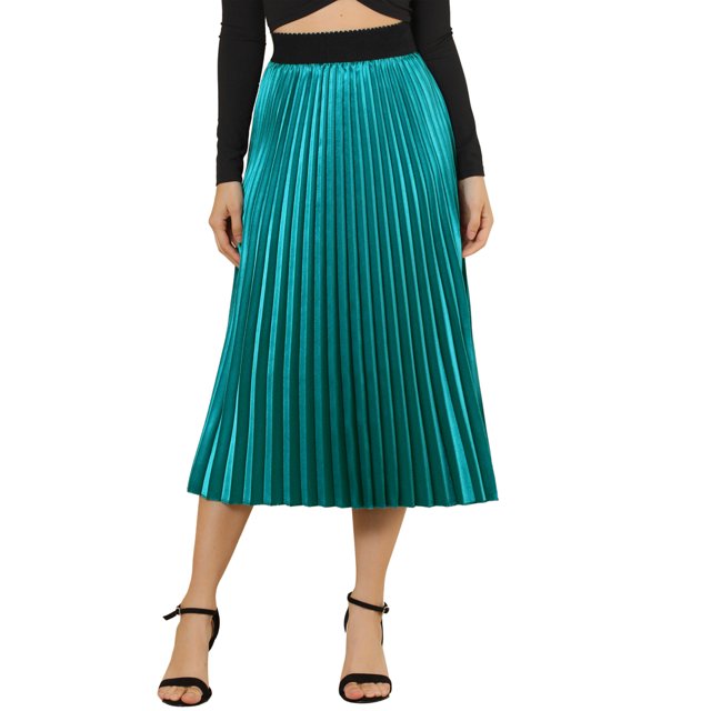 INSPIRE CHIC Falda Midi Plisada De Acordeón Metálico De Fiesta De Cintura Elástica De Traje Navide?o Para Mujer Azul eléctrico M