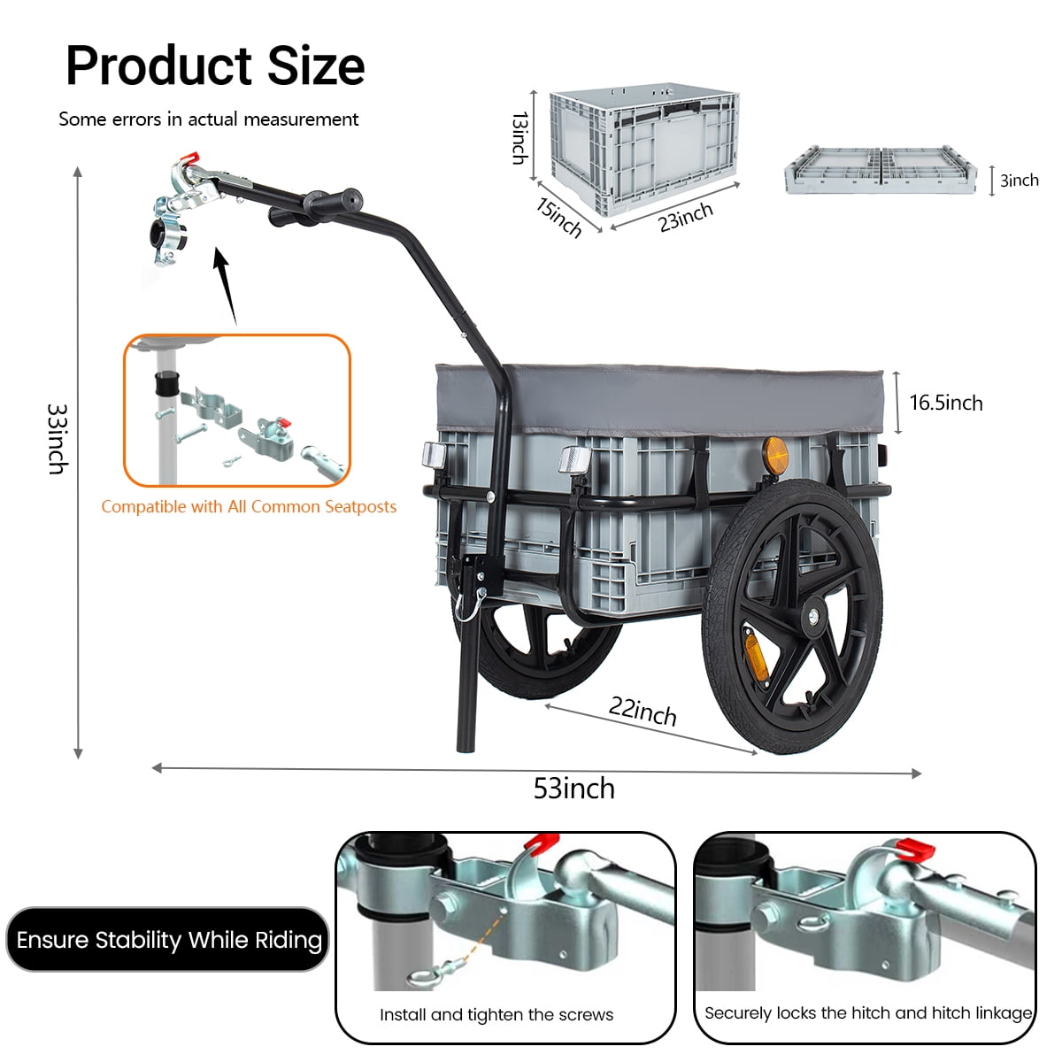 2 in 1 Bike Cargo Trailer with Foldable Storage Box, Removable & Waterproof Cover, Bicycle Trailer w/Quick Release 16" Wheels, 70L Large Capacity, Black+Gray