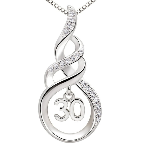 ALOV Jewelry Sterling Silver 30th Birthday Anniversary Lucky Number 30 Cubic Zirconia Pendant Necklace