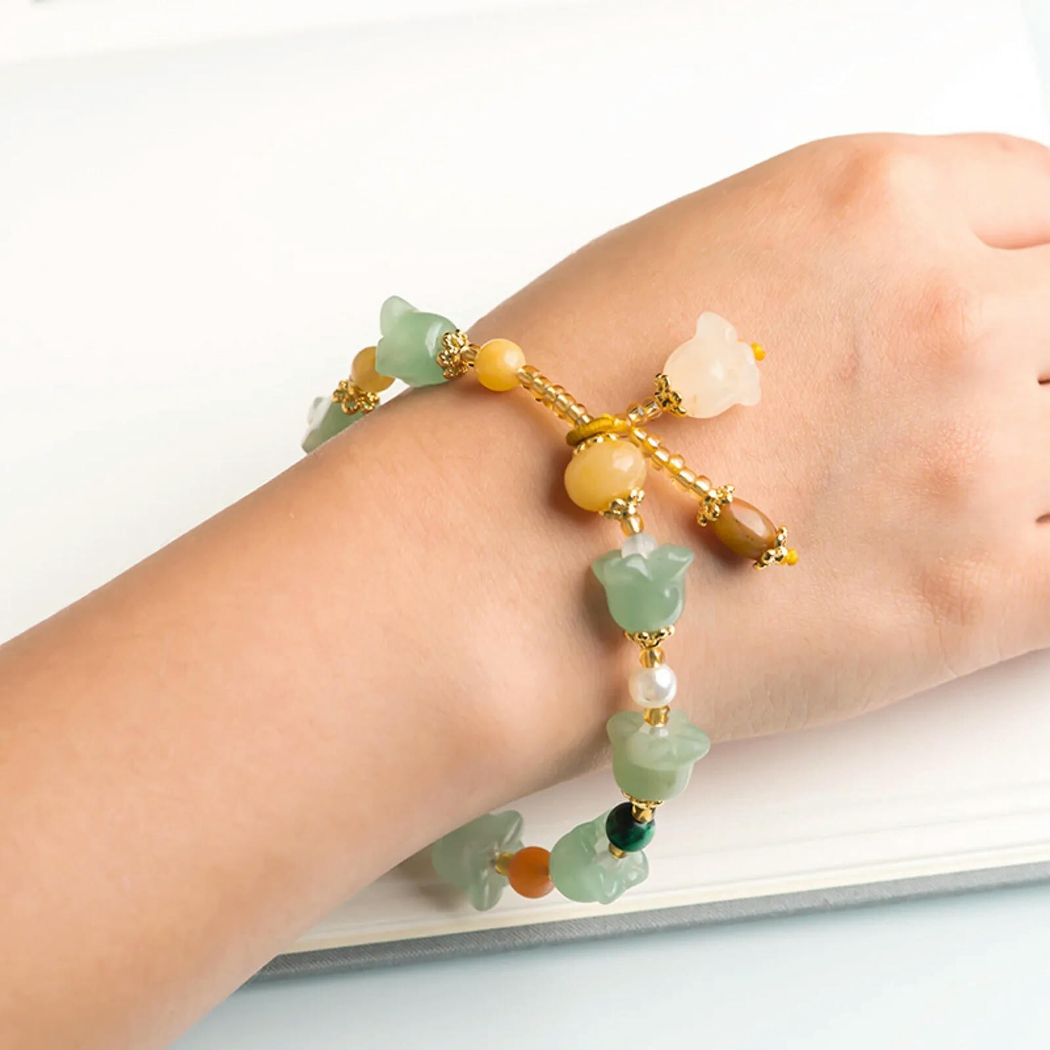 HOOUN Natural Jade Bangle Women Lucky Colourful Flower Beaded Bracelet
