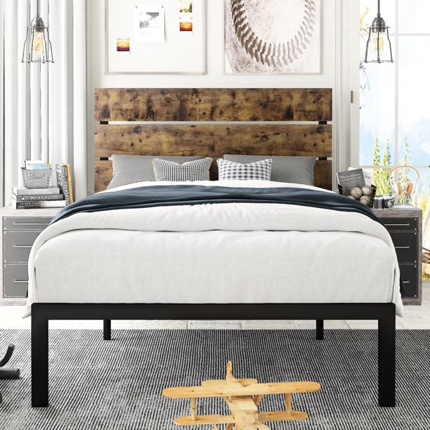 Queen Full Twin Size Metal Platform Bed Frame with Rustic Wood Headboard Brown 