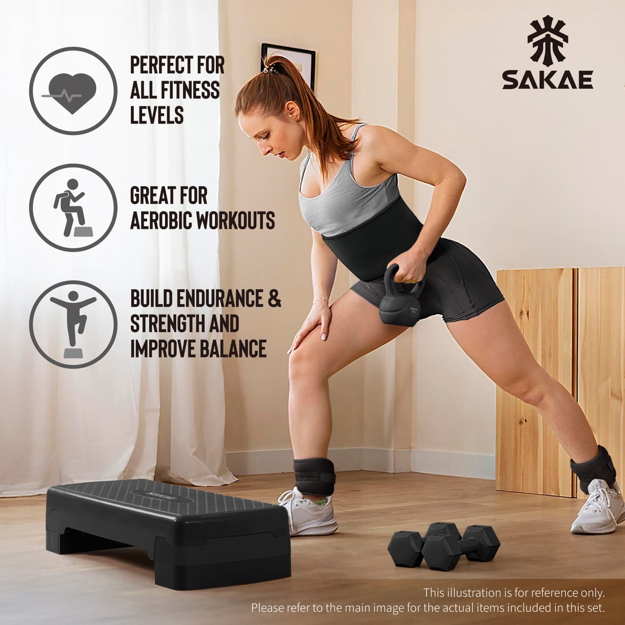 SAKAE Black Step Aerobics Platform Set with Kettlebell & Measuring Tape, Aerobic Steppers for Exercise at Home, Adjustable Height 2 Level Risers Workout Step Trainer with Non-Slip Surface