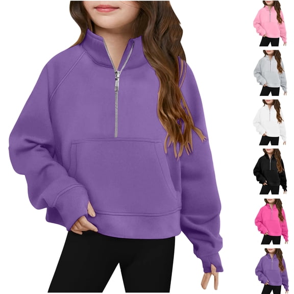 Feancey Toddler Girls Quarter Zip Sweatshirt Long Sleeve Stand Collar Pullover Tops for Kids Casual Cropped Sweatshirts with Thumbholes Purple 11 Years