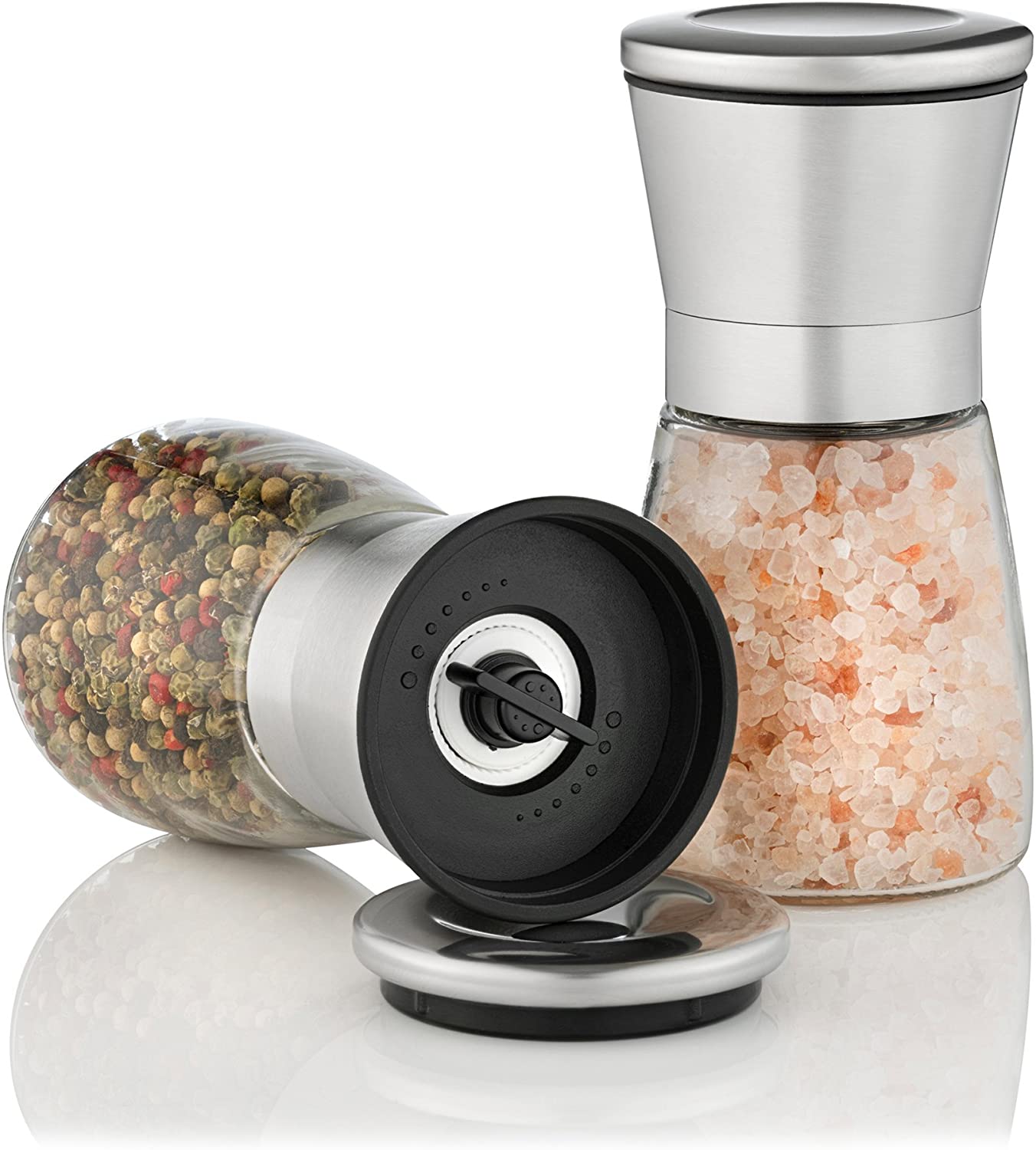 Moulins à Sel Et Poivre COM-FOUR - Ensemble De 2 En Verre Et Acier Inox, Broyeur Céramique Réglable | Pour Cuisine Et Table