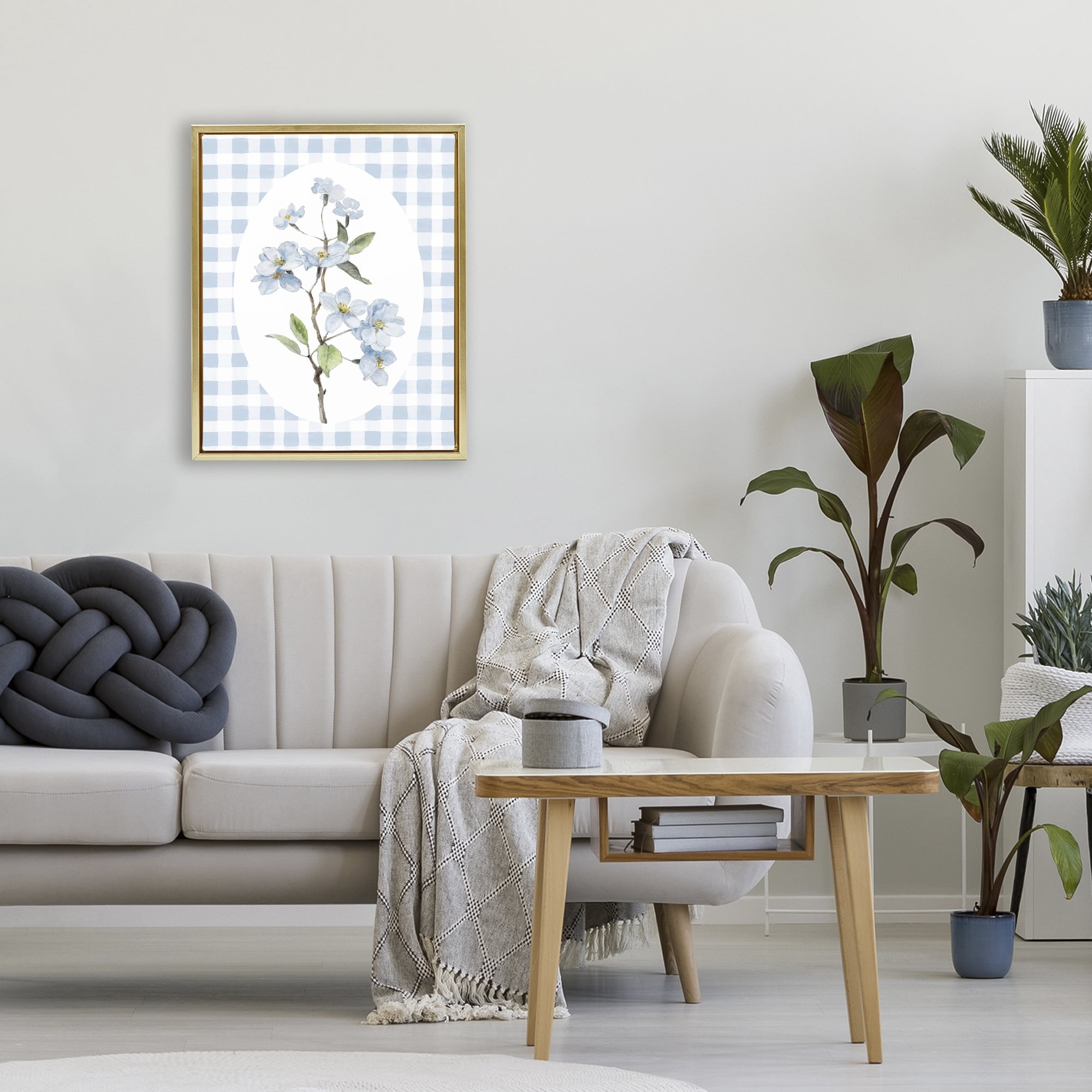 Stupell Industries Blooms on Blue Checkers Gold Framed Floater Canvas Wall Art, design by Lanie Loreth