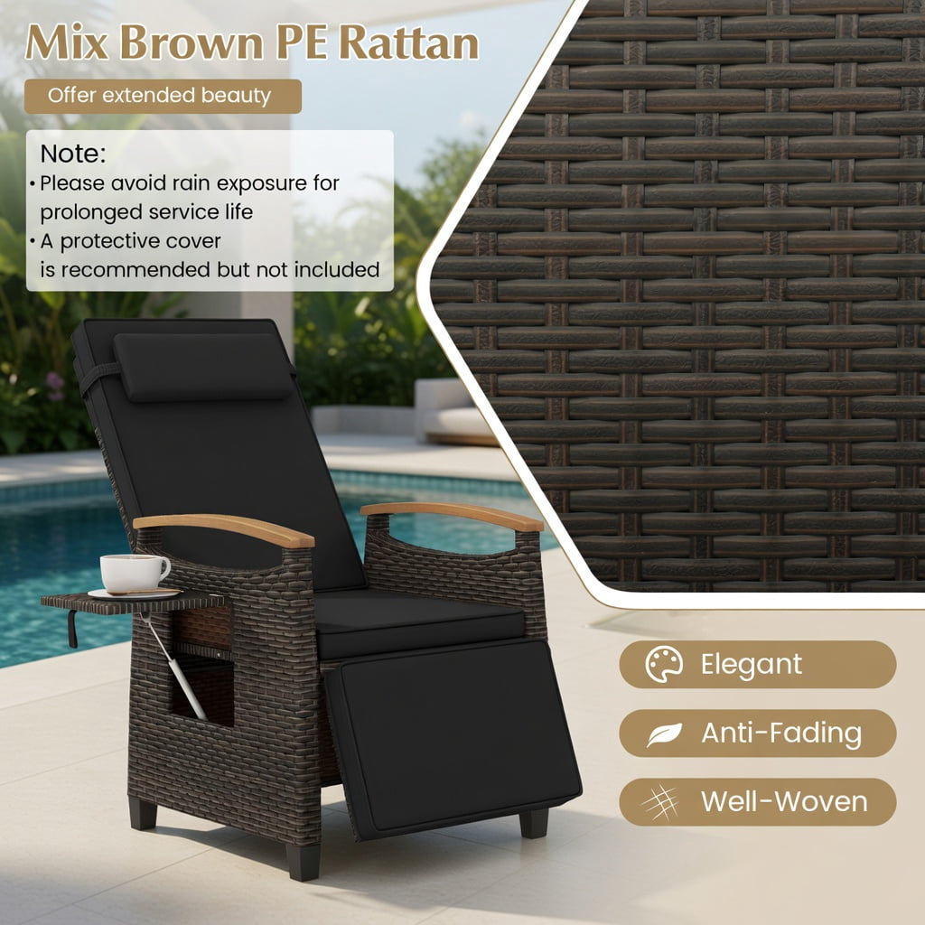 Hommoo Adjustable Outdoor Wicker Recliner Chair with Footrest & Removable Cushions, PE Rattan, Acacia Wood Frame, Black
