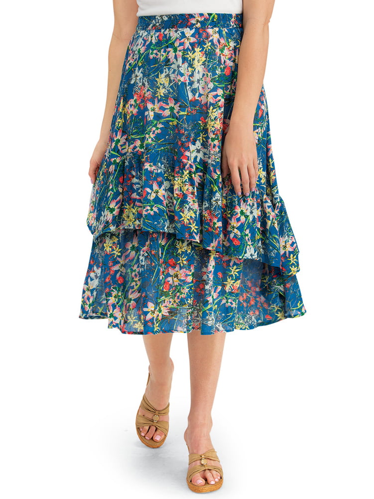 Collections Etc. - Tiered Ruffle Floral Print Woven Knee Length Midi ...