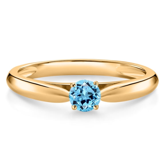 Gem Stone King 10K Yellow Gold Swiss Blue Topaz Solitaire Engagement Ring for Women (0.20 Cttw, Gemstone November Birthstone, Round 3.5MM, Size 8)