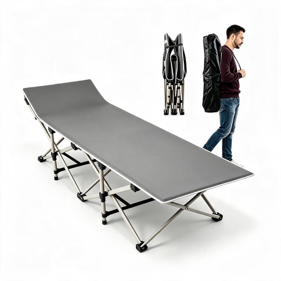 Folding Camping Cots for Adults, Portable Outdoor Camping Bed with Mattress, Heavy Duty Guest Bed Sleeping Cot Folding Bed for Camping Traveling Office Use, 74" X 26", Gray, Supports 330 lbs