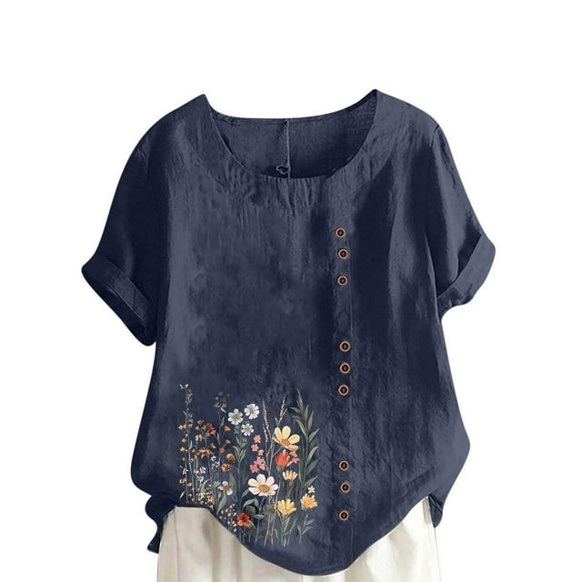 Liquidation d'Économies! BEFOKA Hauts pour Femmes Grande Taille en Liquidation, Blouse T-shirt d'Été Décontractée pour Femmes, T-shirt Blouse Décontracté pour Femmes en Lin à Col Rond Imprimé à Manches Courtes avec Boutons