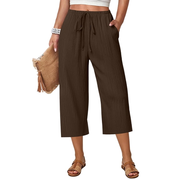 MLQIDK Brown Crop Capri Pants for Women Trendy Summer Drawstring Lounge Pants Knee Length Elastic Waist Lightweight Capris Dressy Casual Crop Capris with Pockets Brown M