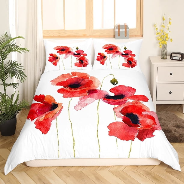 Funda de edredón Full,Amapolas Flores Silvestres Naturaleza Prado Pintado Decorativo 3
