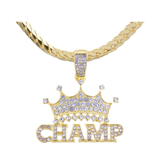 Hip Hop Fashion Iced Rapper King Crown CHAMP Bling Pendant 20" Gold Plated Miami Cuban Chain MCP 1292 G
