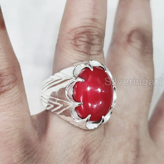 New Coral Mans Ring, Natural Red Coral Ring, Unisex Ring, Silver Jewelry, 925 Silver Ring, Birthday Gift, Heavy Mens Ring, Arabic Design, Ottoman Style Ring, Christmas, Turkey Mens Signet Ring