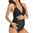 thumbnail image 3 of Maternity Halter Swimsuits for Women Ruched One Piece Bathing Suit Deep V Neck Open Back Swimwear Black, S, 3 of 6