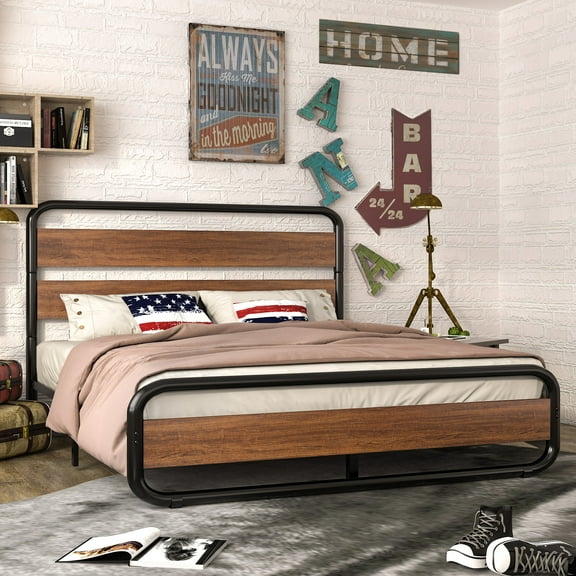 Allewie Walnut Queen Size Metal Bed Frame with Wooden Headboard & Footboard, Heavy Duty Platform Frame with Under-Bed Storage