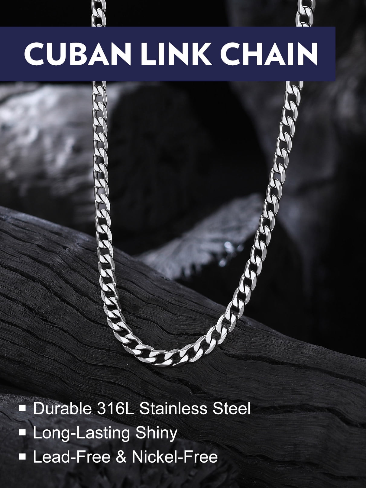 Bandmax 4MM Cuban Link Chain Necklace for Men Women Stainless Steel Flat Curb Chain 24 Inches Rapper Mens Jewelry Birthday Father Day Gift for Dad Son Husband Grandpa