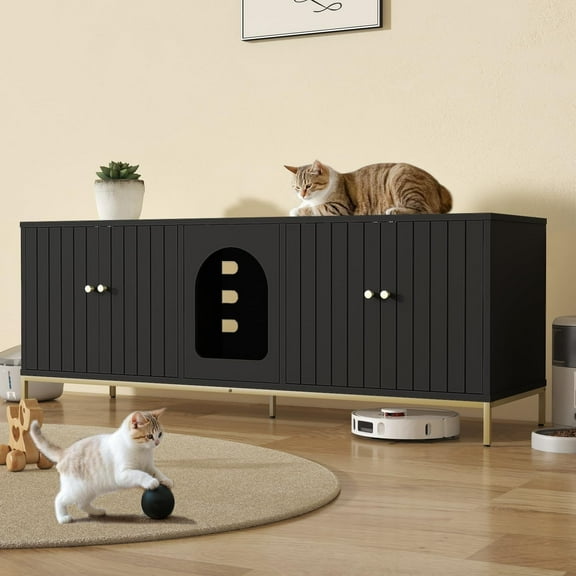 Cat Litter Box Enclosure for 2 Cats, Litter Box Furniture with Double Room, Central Entry, and Dual Use as TV Stand for Living Room, Black (Elevated Version)