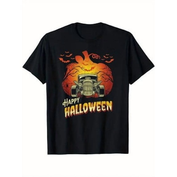 Velto Men's Retro Happy Holiday Pumpkin & Vintage Car Graphic T-Shirt - 100% Cotton Breath All Size S-5XL
