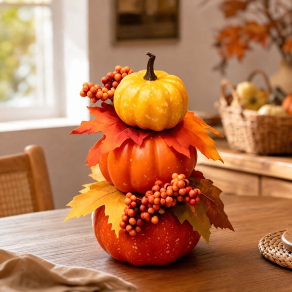 3-Tier Stacked Artificial Pumpkin Decor White Orange Red Harvest Tabletop Centerpiece with Maple Leaves Berries Thanksgiving
