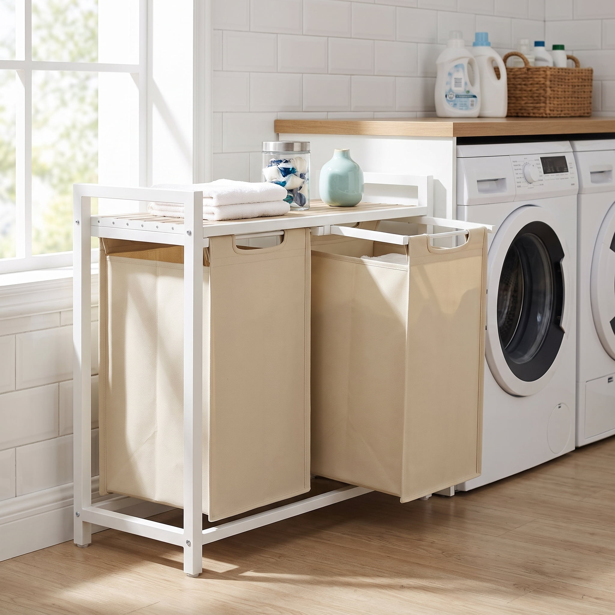 Ledrem Laundry Hamper with 2 Removable Bags, Sorting Basket, Shelf, Cappuccino Beige & Natural Beige