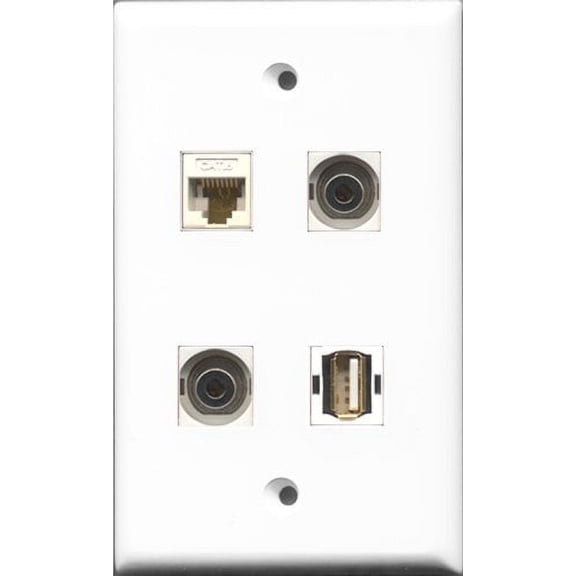 RiteAV 1 Port USB A-A 2 Port 3.5mm and 1 Port Cat6 Ethernet White Wall Plate