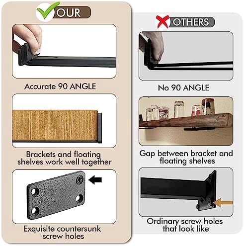 6 Pack Heavy Duty Shelf Brackets 8 inch, Floating Shelf Brackets(1/5”-Thick), L-Shaped Wall Shelf Bracket Hidden Shelf Bracket Black（8inch-6pack）