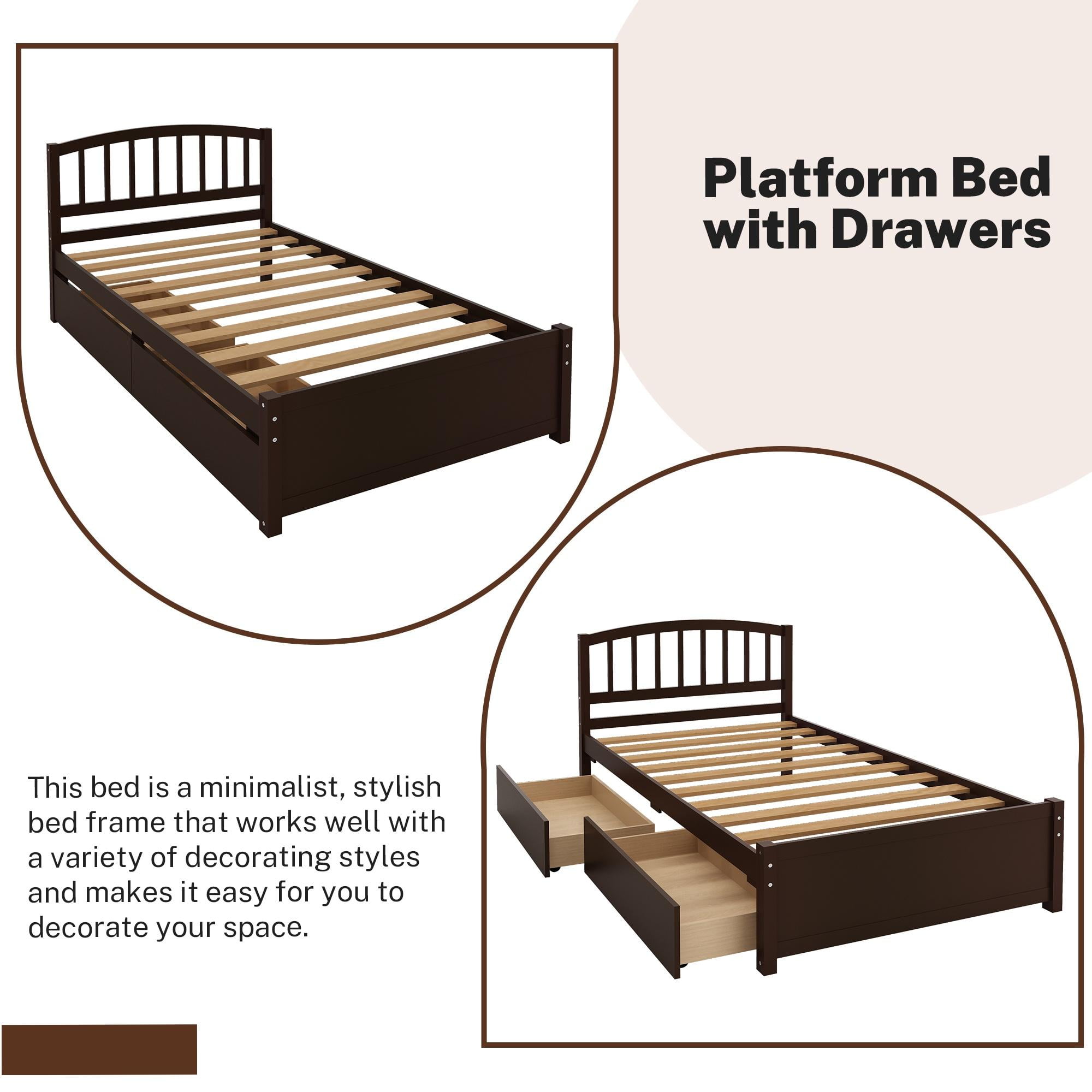 PAPROOS Wood Platform Bed with Storage, Twin Size Bed Frame with 2 Drawers, No Box Spring Needed, Espresso