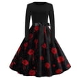thumbnail image 2 of Halloween Dresses for Women Witch Hat Candy Crew Neck 1950s Hepburn Retro Dresses Long Sleeve Cocktail Funny Vintage Tea Length Dress with Belt M, 2 of 6
