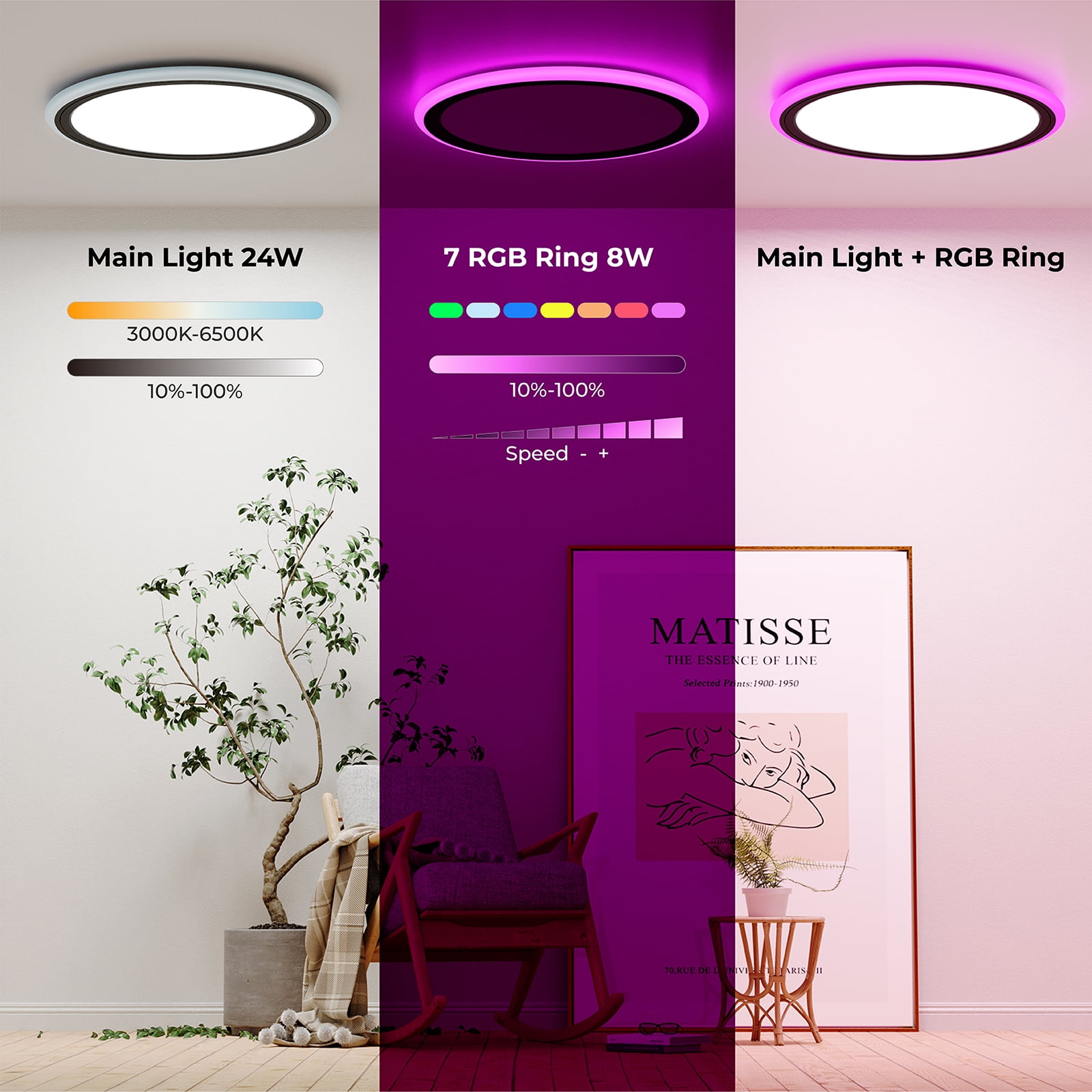 BLNAN 13'' RGB Flush Mount Ceiling Light with Remote Control, 24W 2400LM 3000K-6500K Dimmable Color Changing Wired Led Light Fixture for Bedroom Kids Room Party Festival, Black