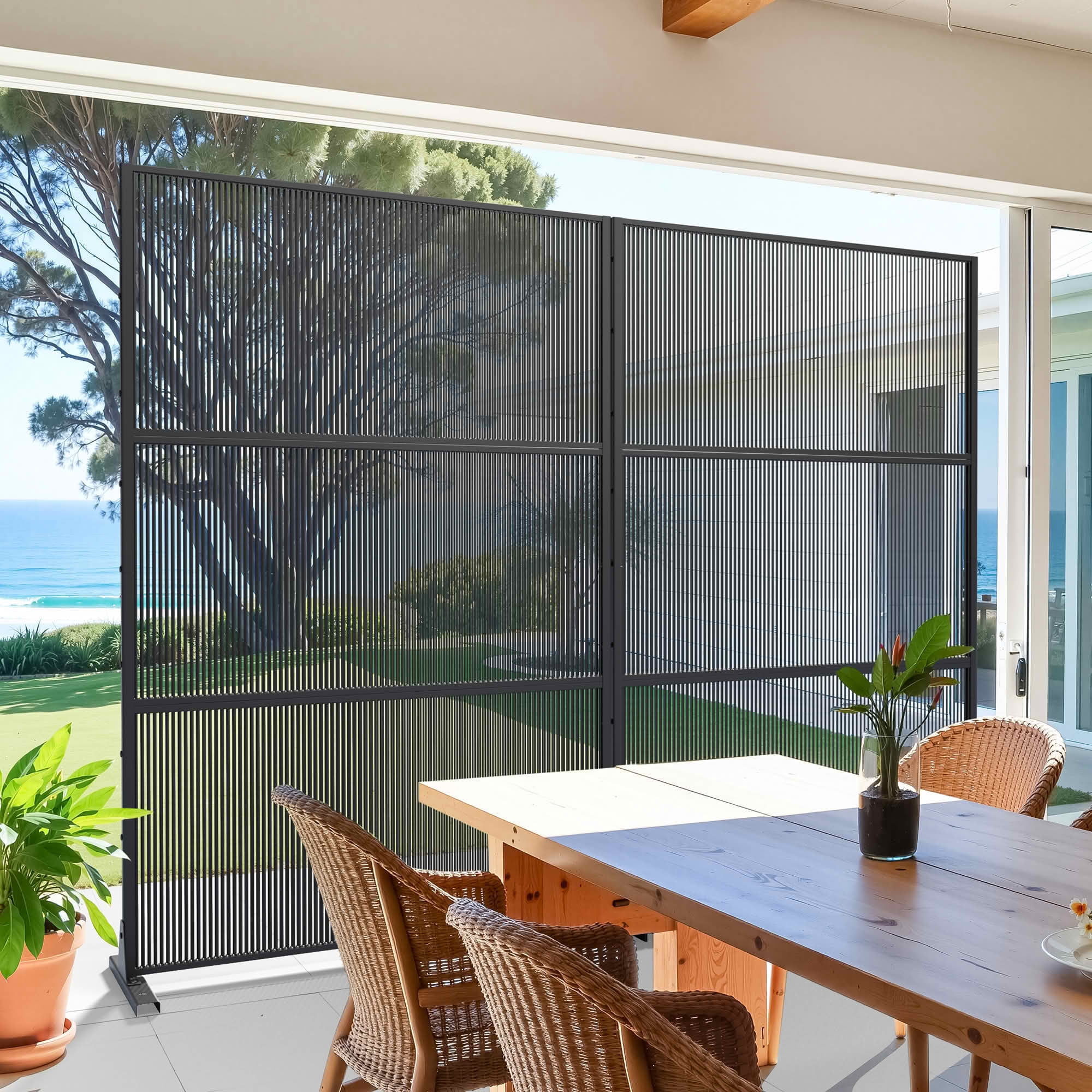 MAYEERTY 72x47x16 Inch Black Rattan Vertical Stripe Privacy Screen, 3 Piece Set for Outdoor Patio