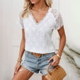 thumbnail image 3 of DuoJiaJ Women's New Solid Color Hollow Embroidery Lace Stitching Short Sleeve T Shirt Plus Size Women’s Tops White L, 3 of 5