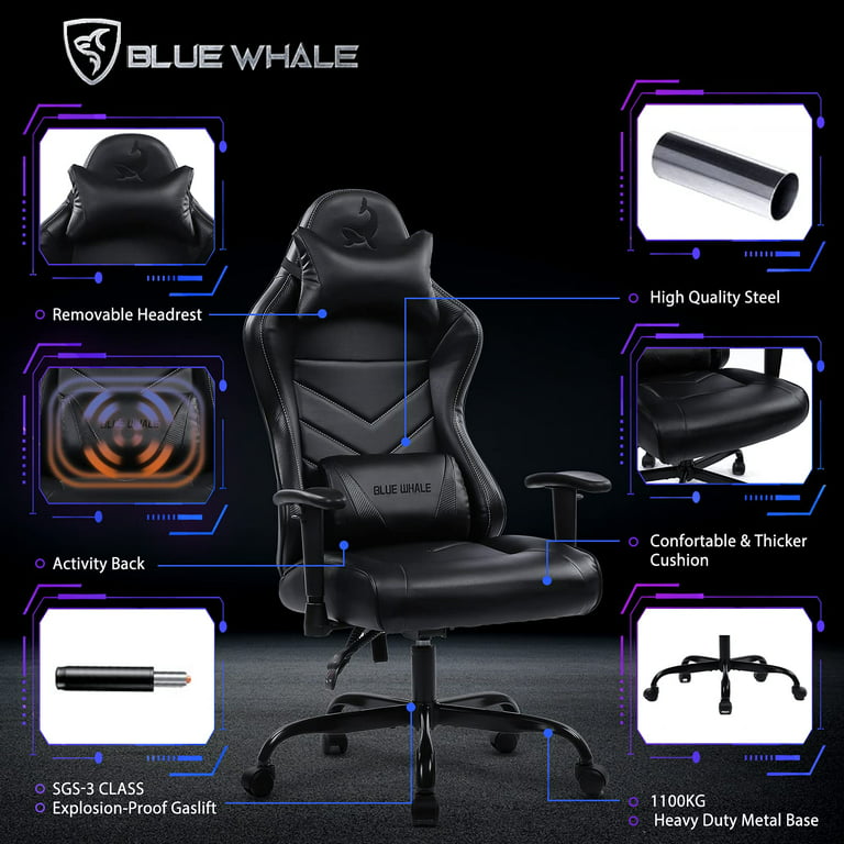 Blue Whale Heavy Duty Gaming Chair for Adults and 350LBS Reinforced  Base,Thickened Seat Cushion, Adjustable Armrest, Big and Tall Ergonomic  Office Computer Chair with Massage,Black 