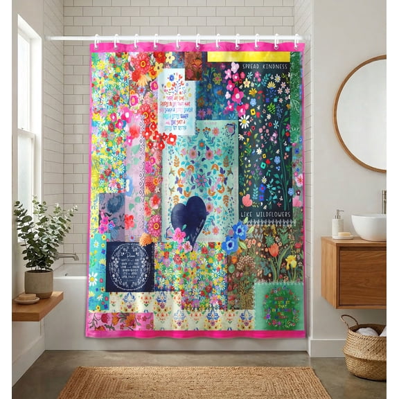 Boho Floral Shower Curtain 72x72in, Spring Summer Wildflower Waterproof Bathroom Curtain with Hooks