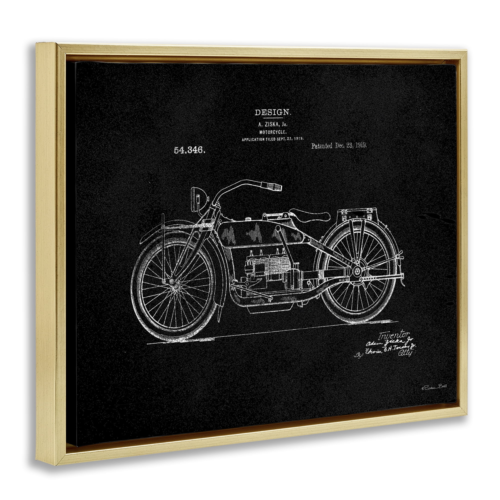 Stupell Industries Black Motorcycle Blueprint Transportation Painting Gold Floater Framed Art Print Wall Art, 31 x 25
