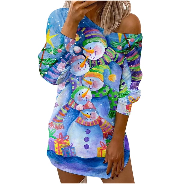 Vestido corto de manga larga con estampado de copos de nieve y muñeco de nieve con hombros inclinados para mujer Pompotops hdfakjf957