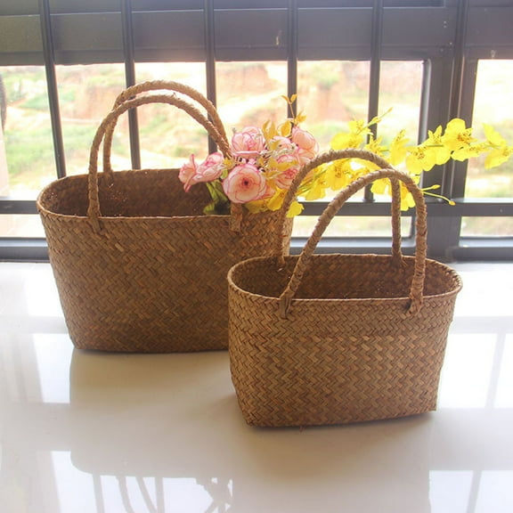 Worgeous Straw Flower Basket Plant Wicker with Handles Hamper Woven