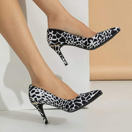 

Women‘s Leopard Print Stiletto Heels White & Black Pointed Toe Slip On Pumps Sexy Party & Dress Shoes