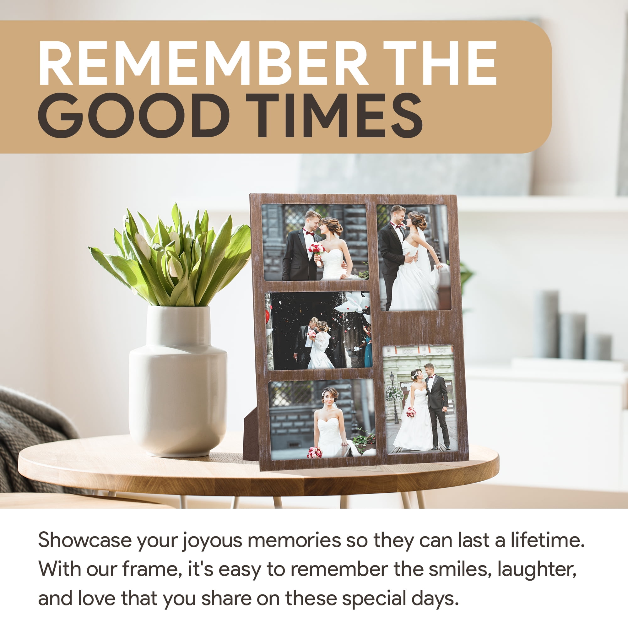 GLM Collage Picture Frames for 4x6 and 5x7 Photos with Glass and Mat, Photo Frame  Collage for Wall Holds Five 4x6 Or 5x7 Photos - Picture Frames Collage  Rustic Distressed (Gray) 