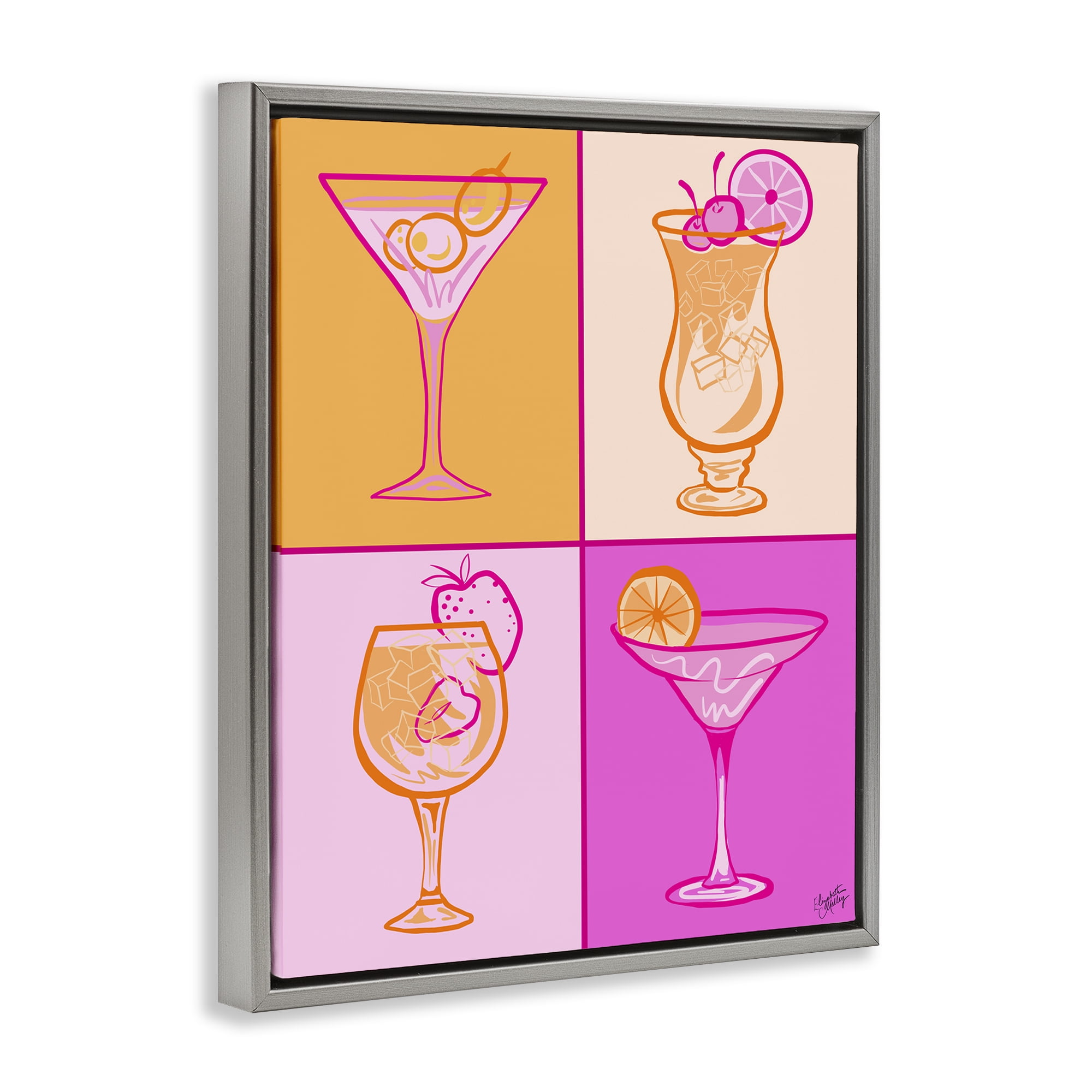 Stupell Industries Pink & Orange Cocktails Food & Beverage Painting Gray Floater Framed Canvas Art Print Wall Art, 17 x 21