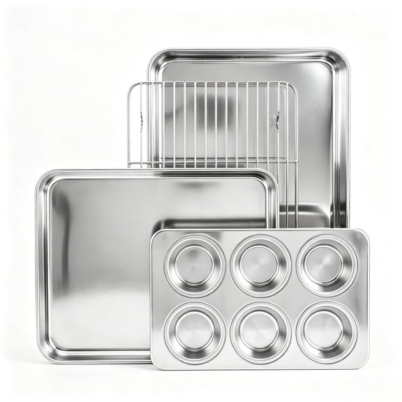 Vesteel 4-Piece Stainless Steel Bakeware Sets, Include Quarter Sheet Pan/Rectangle Deep Pan/Cooling Rack & 6-Cup Muffin Pan, Warp Resistant & Dishwasher Safe