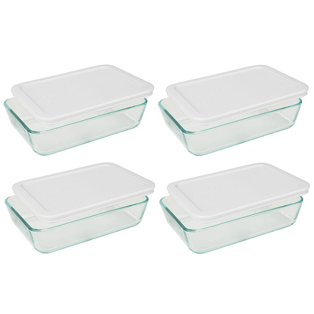 Pyrex 7210 3Cup Rectangle Glass Food Storage Dishes w/ 7210PC 3Cup White Lid Covers (4Pack
