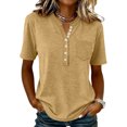 thumbnail image 3 of Shirts for Women V Neck Button Down Casual Henley Tops for Women Summer Short Sleeve Vintage Relaxed Fit Basic Tee Tops Khaki XXXL, 3 of 8