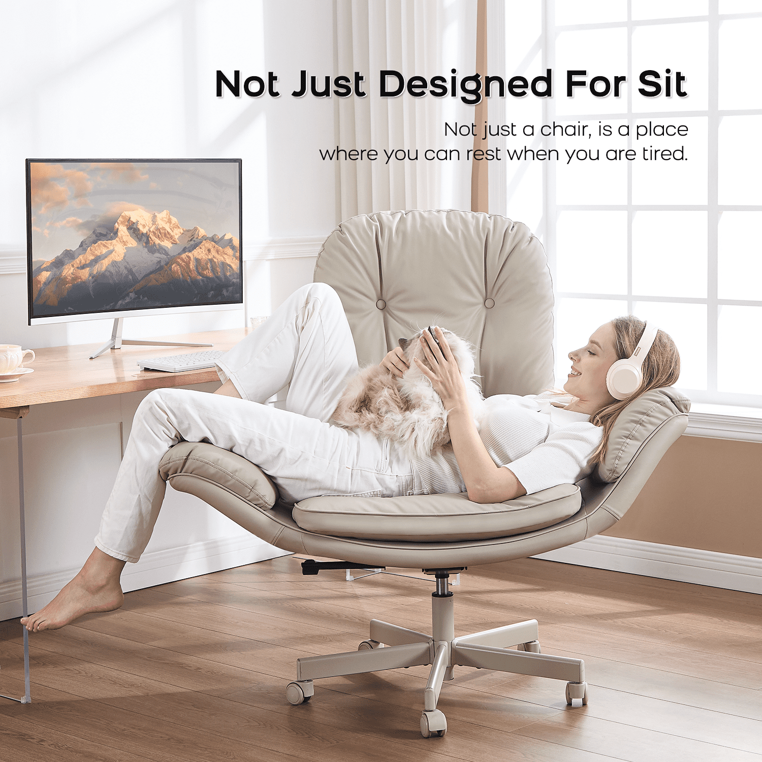 TMV PU Leather Office Chair Criss Cross Chair,Vanity Chair with Armrests & Wheels for Cross-Legged,Adjustable Swivel Desk Chair Wide Rolling Chair for Adults,Cream