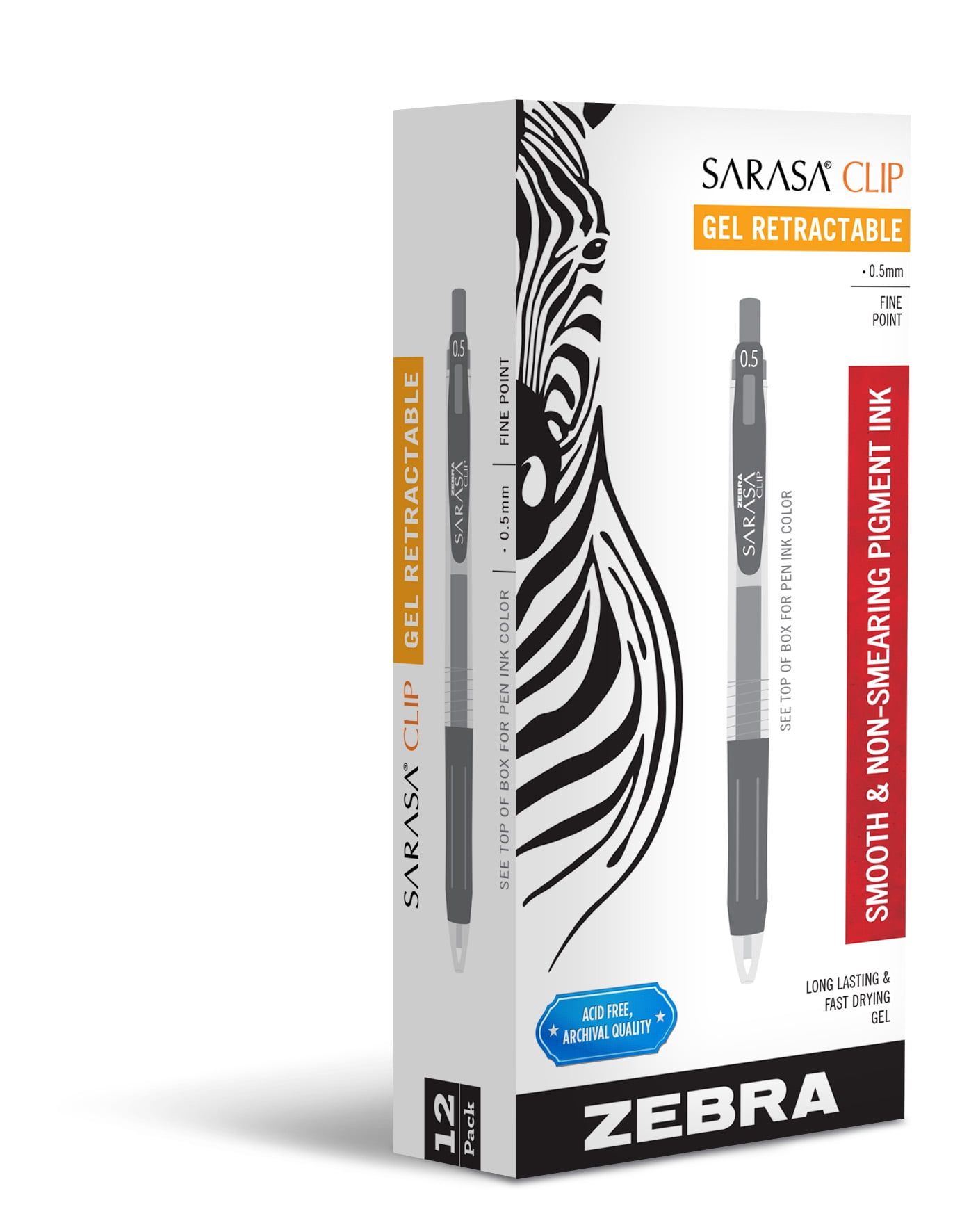 Zebra Sarasa Clip Retractable Gel Pen, Fine Point, 0.5mm, Black Ink, 12 Count