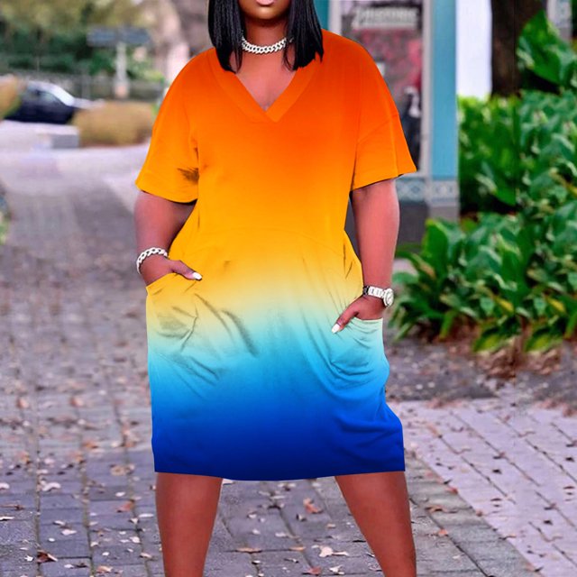 Robes pour Filles Grande Taille Robe pour Femmes Col en V Robes d'Été Décontractées avec Poches Manches Courtes en Solde