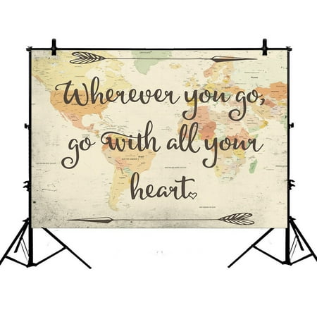 PHFZK 7x5ft Adventure Backdrops, Old Style World Map with Inspirational Quote Photography Backdrops Polyester Photo Background Studio
