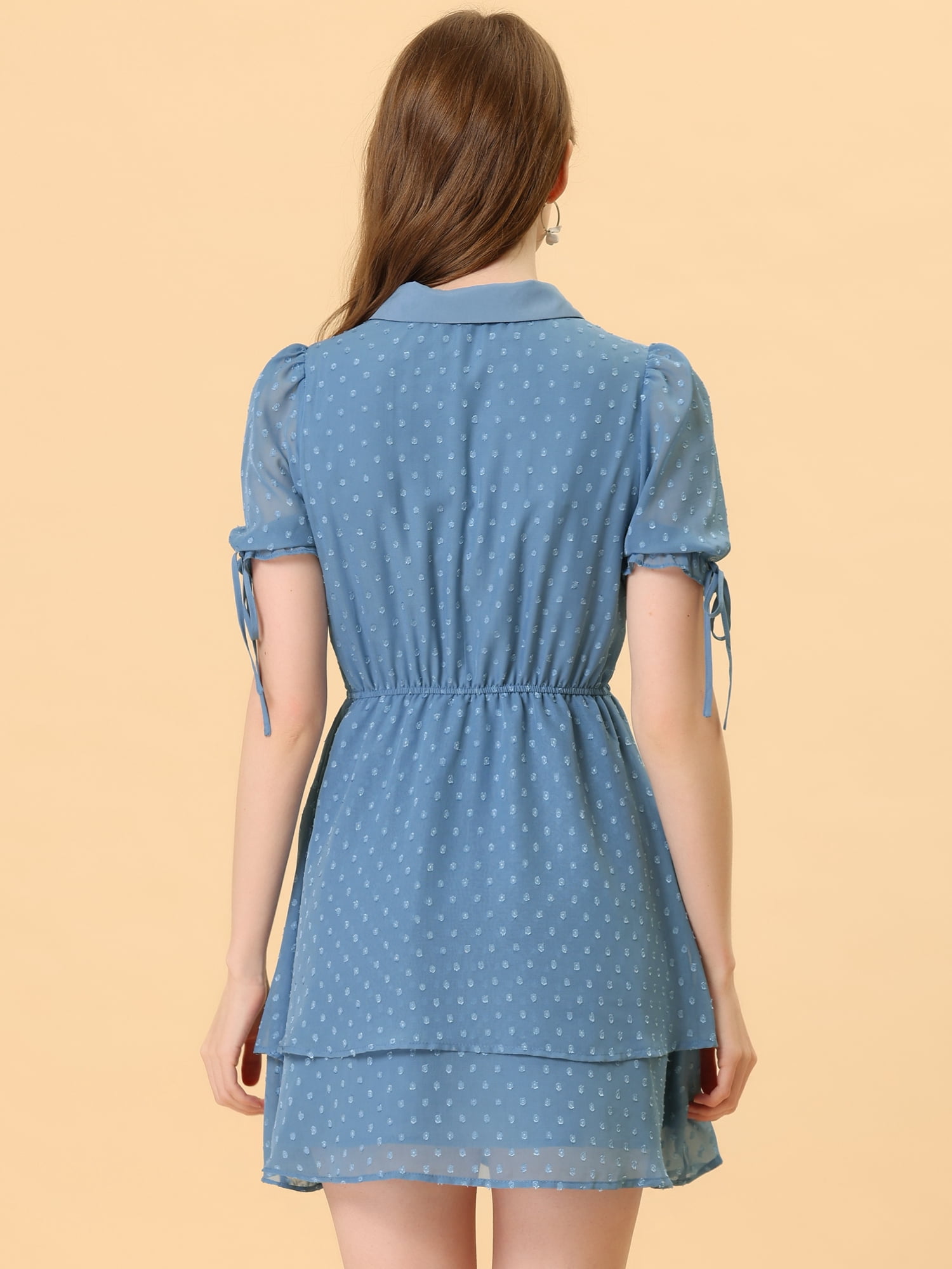 DARING DIVA Women's Gothic Collar Floral Drawstring Layered Chiffon Dress L Grey Blue