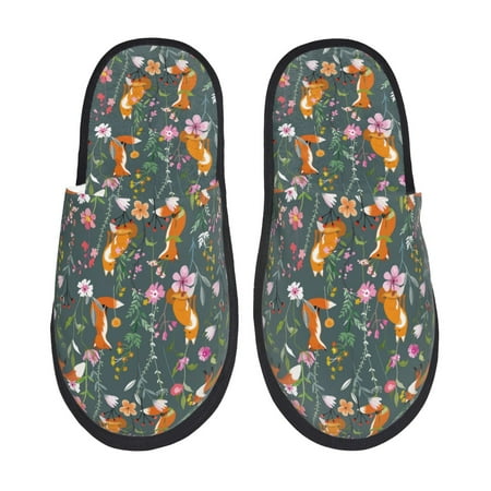Balery Wolf Fox In Flower Forest Slient Indoor Furry Fleece Comfort House Shoes Soft Non-Slip Home Shoes Cotton slippers House Slippers-- Medium